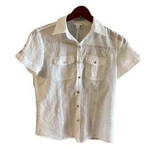 Charter Club Woman’s Top 4 Petite White 100% Cotten DownRoll Tab Sleeve Shear